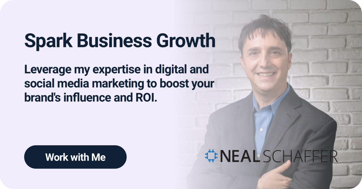 Professional business banner featuring a headshot of Neal Schaffer against a white brick wall background. Text reads 'Spark Business Growth' with subtitle 'Leverage my expertise in digital and social media marketing to boost your brand's influence and ROI.' Includes 'Work with Me' button and Neal Schaffer logo.