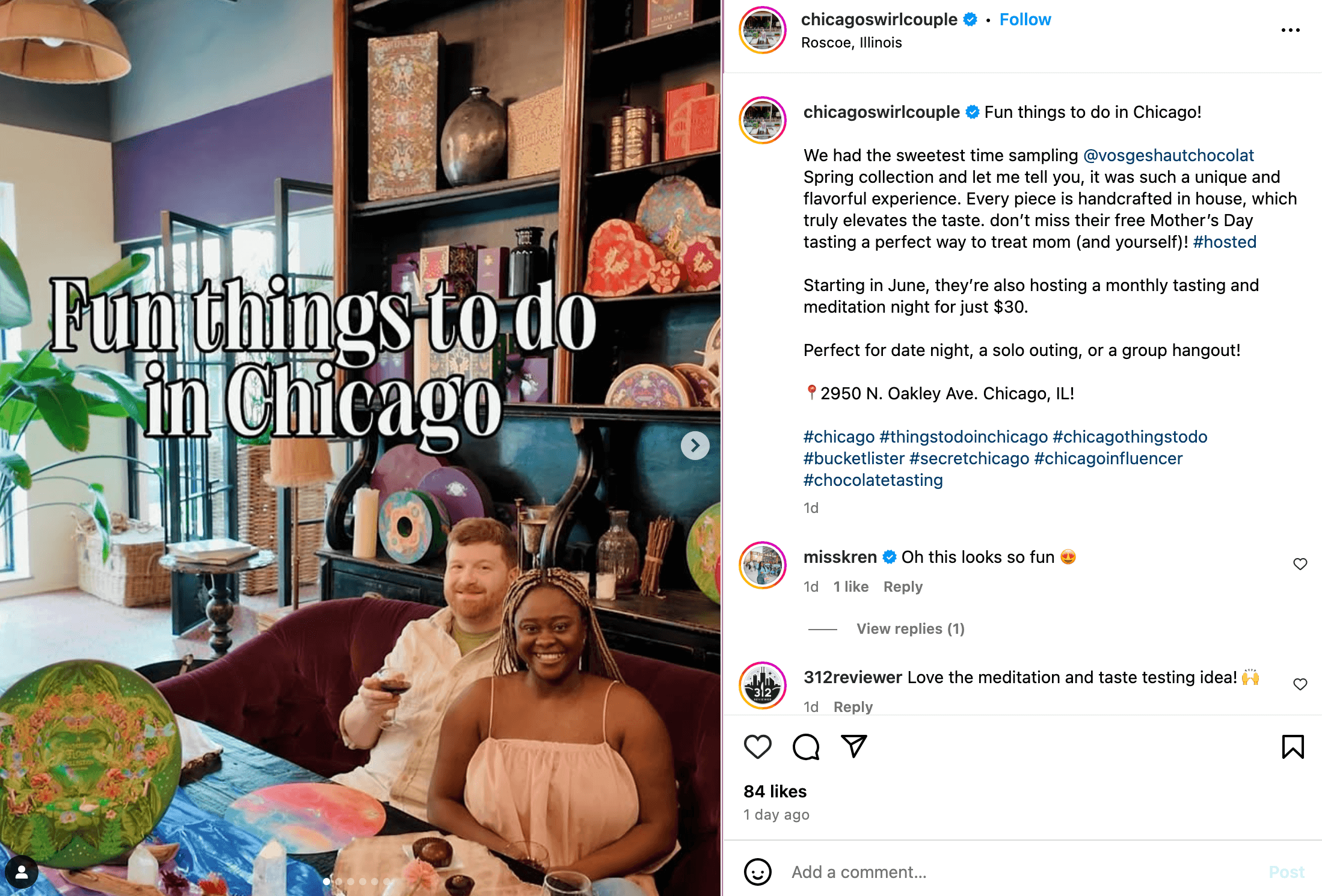 An Instagram post of Chicago-based influencers enjoying a chocolate sampling in a shop 