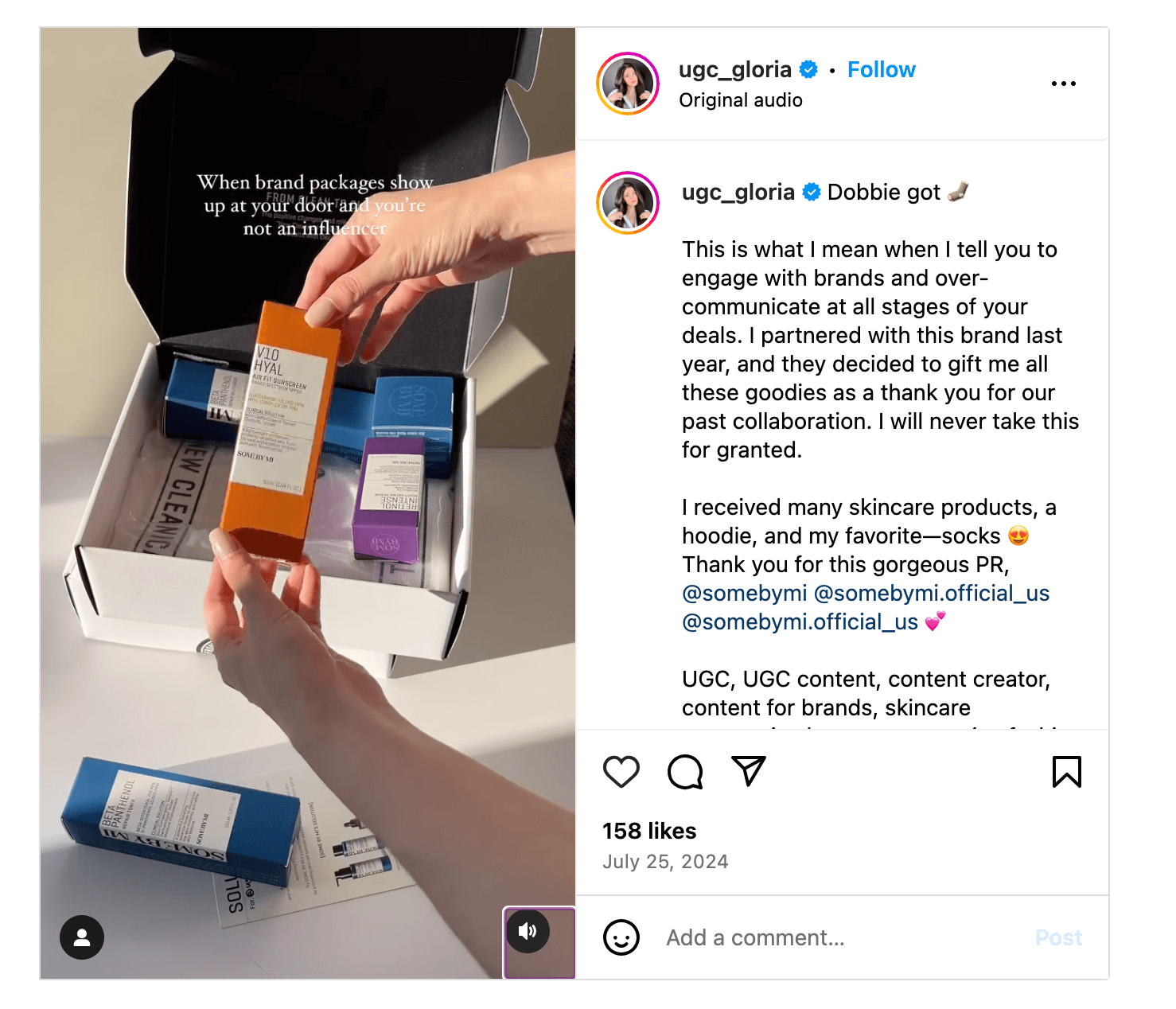 An Instagram post by a nano-influencer sharing their gift haul from a brand they collaborated with in the past 