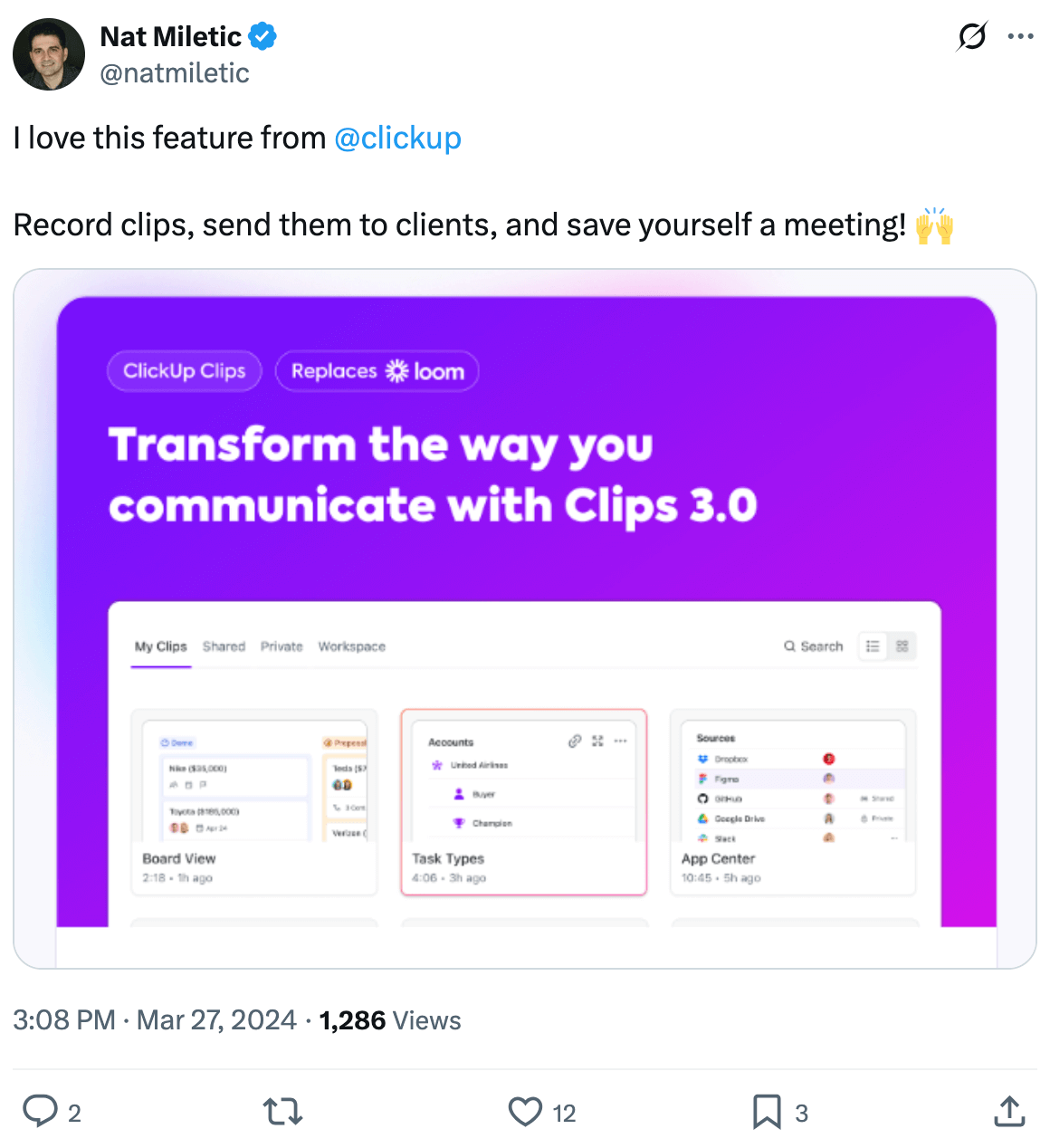 Nat Miletic posts on Twitter (now X) about Clips 3.0, a new feature from ClickUp 