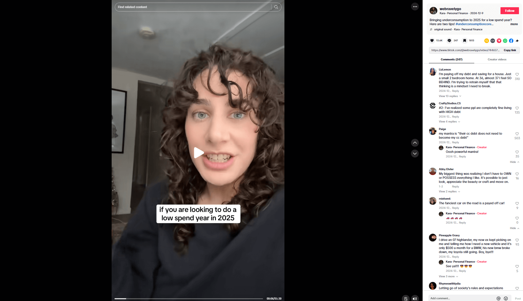 A FinTok user’s video on tips for making 2025 a low spend year 