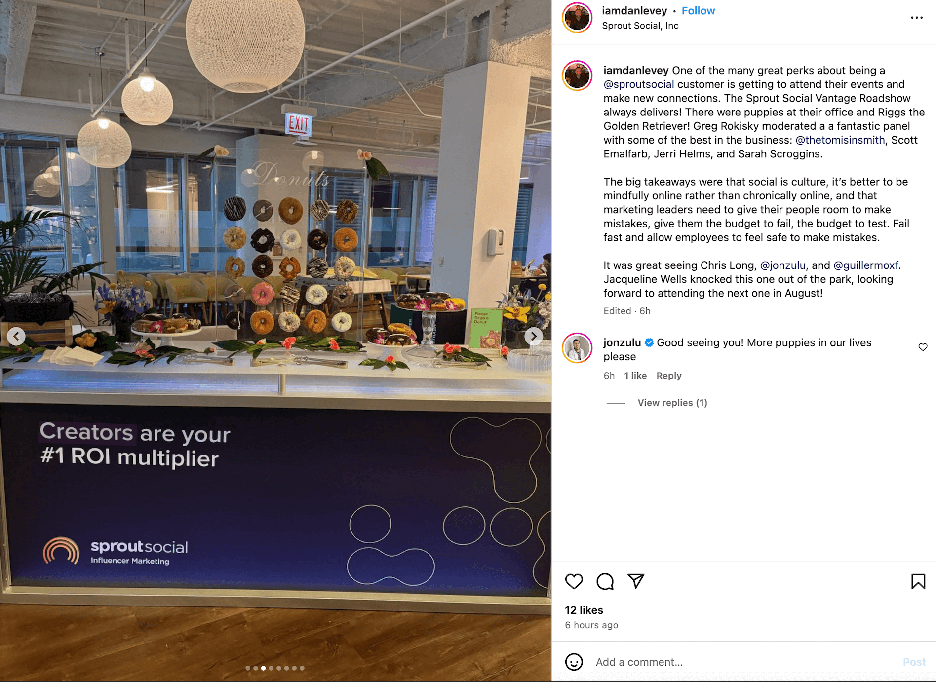 An Instagram post about a Sprout Social event featuring a table display of donuts
