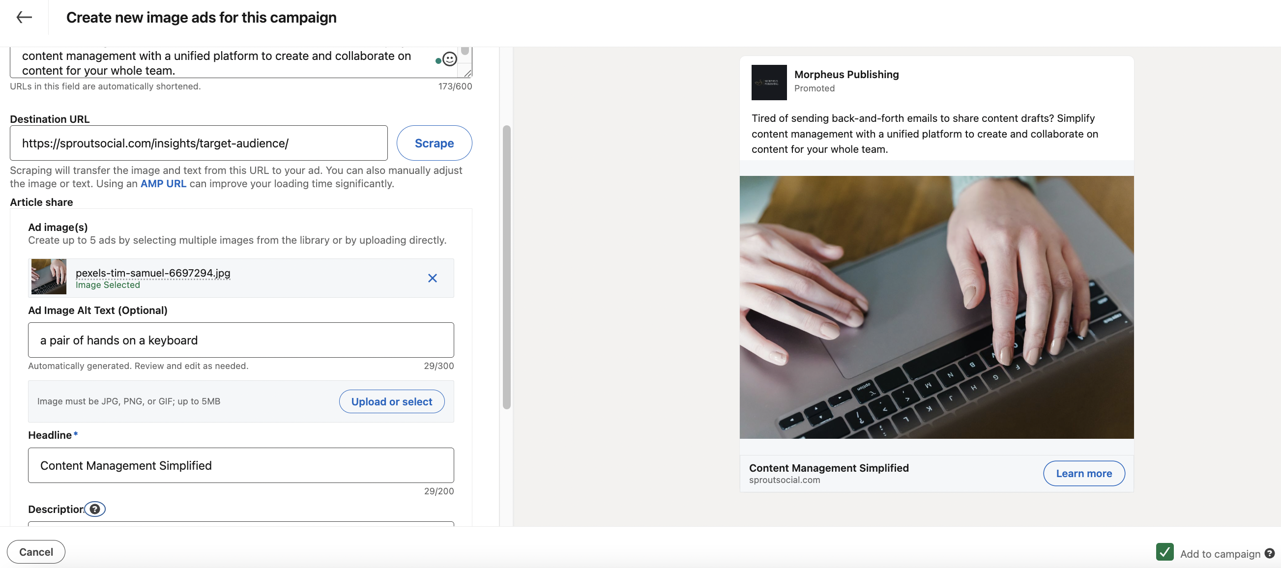 LinkedIn campaign setup page showing the section to create ad campaign materials and a preview image of a hand typing on a laptop displayed on the right-hand panel