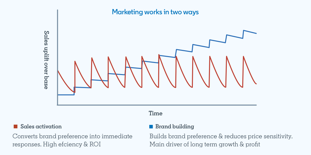 A line graph showing how marketing works in two ways: short-term sales activation (red line) and brand building (blue line)